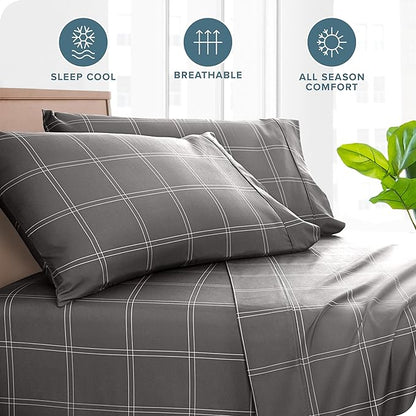 Bare Home Microfiber Pillow Cases - Standard/Queen Size Set of 2 - Cooling Pillowcases - Double Brushed - Pillowcases 2 Pack - Easy Care (Standard, Modern Plaid - Grey/White)