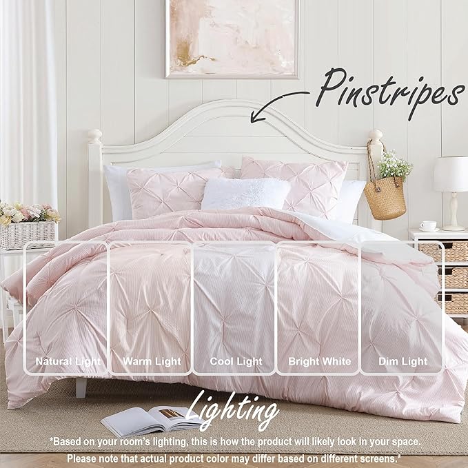 Swift Home Full/Queen Pinstripe Peach Pink Comforter Set - Classic Pintuck Bedding Set - 3 Pieces Bed Linen, 1 Comforter and 2 Pillow Shams