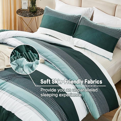 Litanika Dark Emerald Green California King Comforter Set - 3 Pieces Cal King Oversized Lightweight Summer Colorblock Stripe Bedding Set (104x96In, 2 Pillowcases)