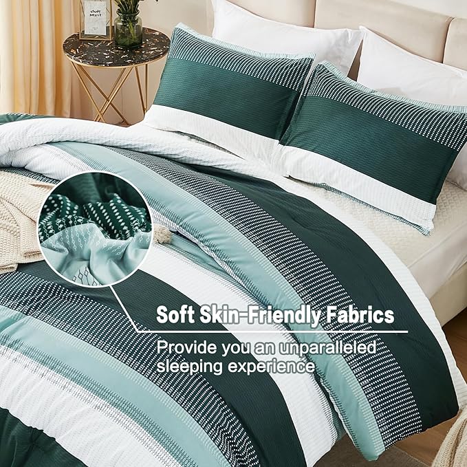 Litanika Dark Emerald Green Bed Comforter Full Set, 3 Pieces Hunter Green Bedding Set, Colorblock Stripe Vintage Style (79x90In Comforter & 2 Pillowcases)