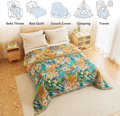 MSGKV Throw Blanket for Couch Bed Cotton Leopard Animals Twin Size Blanket 60"x80" Muslin Spring Breathable All Seasons Lightweight Farmhouse Blankets