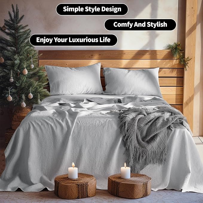 LBRO2M 100% Pure Linen Sheet Set Deep Pocket Up to 16" Bed Sheets Sets, Natural Flax Beddings Soft, Breathable, Comfortable for All Seasons Twin Size, Grey