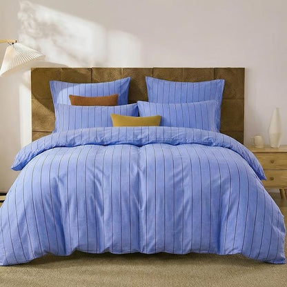 Merryword Blue Striped Duvet Cover Set King Size, 100% Cotton Denim Blue Bedding Set with Zipper Closure & 8 Corner Ties, Luxury Linen Like Bedding, Soft Breathable Comforter Cover for All Seasons