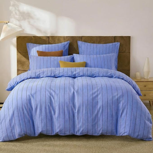 Merryword Blue Striped Duvet Cover Set King Size, 100% Cotton Denim Blue Bedding Set with Zipper Closure & 8 Corner Ties, Luxury Linen Like Bedding, Soft Breathable Comforter Cover for All Seasons