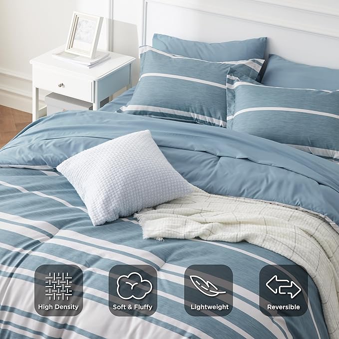 Bedsure Queen Comforter Set 7 Pieces, Grey Blue Striped Bedding Set for All Seasons, Reversible, Cationic Dyeing Bed in a Bag with Comforter, Sheets, Pillowcases & Shams