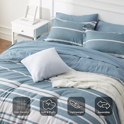 Bedsure Queen Comforter Set 7 Pieces, Grey Blue Striped Bedding Set for All Seasons, Reversible, Cationic Dyeing Bed in a Bag with Comforter, Sheets, Pillowcases & Shams