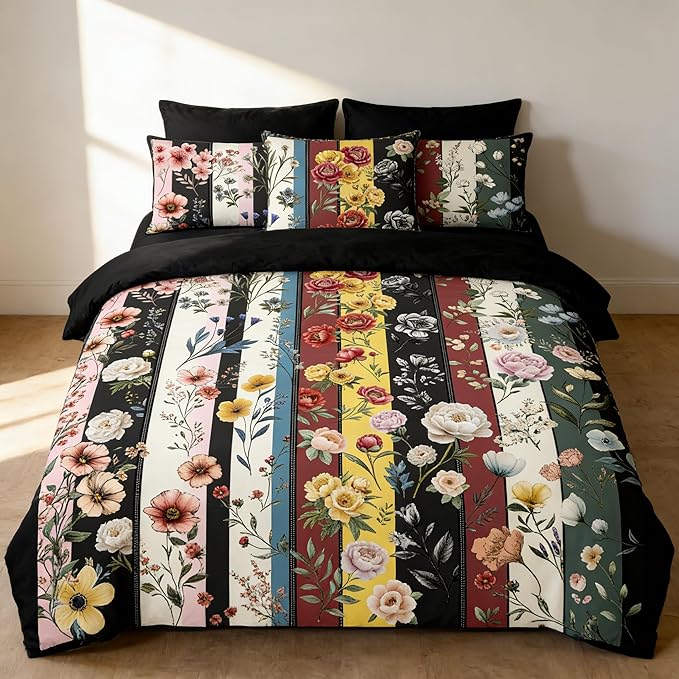Vintage Floral Twin Size Bed in A Bag for Girls, 7Pcs Stripe Patchwork Comforter Set for Farmhouse Country Bedroom Decor, Black Botanical Quilted Bedding with 2 Pillowcases, 68"x86"