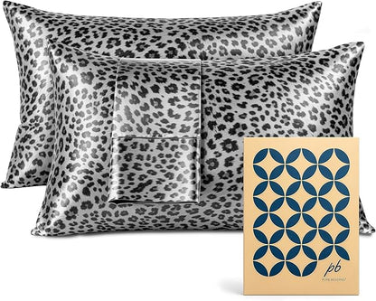 Pure Bedding Satin Pillowcase 2 Pack - Queen Size (20"x30", Silver Leopard) - Silky Pillow Cases for Hair and Skin - Satin Pillow Covers with Envelope Closure - Extra Soft Premium Microfiber