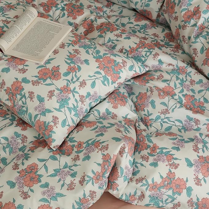 Floral Comforter Set Queen Size Down Alternative Girls Bedding Lightweight Breathable Cotton Fluffy Bedding Comforter Sets Boho Patterned Aesthetic Farmhouse Bed Comforter with 2 Pillowcases