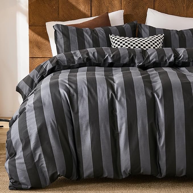 Merryword Black and Gray Striped Duvet Cover Set King Size - 100% Cotton Bedding Set with Zipper & Corner Ties, 3-Piece Luxury Linen Like Bedding Set for All Seasons
