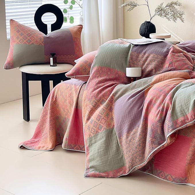 mixinni 100% Cotton Double Layer Yarn Duvet Cover Set, Vintage Patchwork Floral Jacquard Textured Comforter Cover, Reversible Boho Bedding Set with Pillowcases for All Season-King Size
