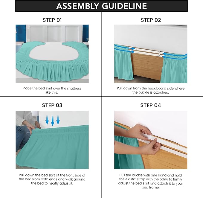 Wrap Around Ruffle Queen Size Bed Skirt – Adjustable Buckle & Elastic Belt for Easy Installation, 16 Inch Drop – Brushed Microfiber - Machine Washable, Fade and Wrinkle Resistant, Spa Blue