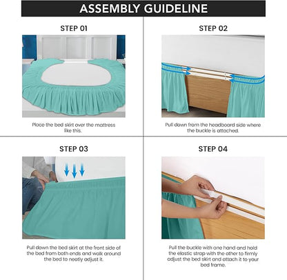 Wrap Around Ruffle Queen Size Bed Skirt – Adjustable Buckle & Elastic Belt for Easy Installation, 16 Inch Drop – Brushed Microfiber - Machine Washable, Fade and Wrinkle Resistant, Spa Blue