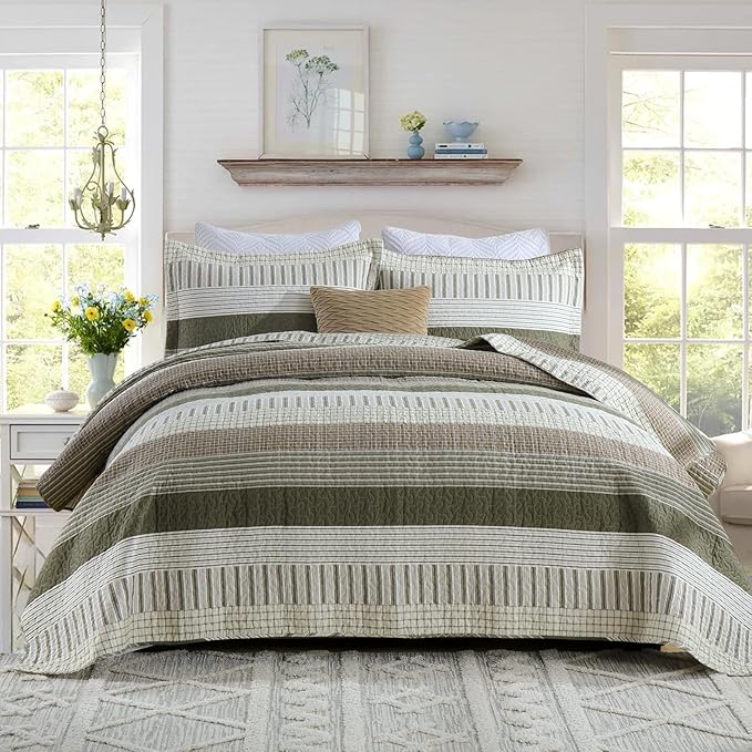 PANGUSHAN 100% Cotton Quilt Set Queen Size, Patchwork Queen Quilt Bedding Set Bedspreads, Farmhouse Lightweight Comforter Reversible Quilt, Queen Bed Spread for All Season, Green/Brown/Cream