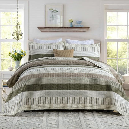 PANGUSHAN 100% Cotton Quilt Set Queen Size, Patchwork Queen Quilt Bedding Set Bedspreads, Farmhouse Lightweight Comforter Reversible Quilt, Queen Bed Spread for All Season, Green/Brown/Cream