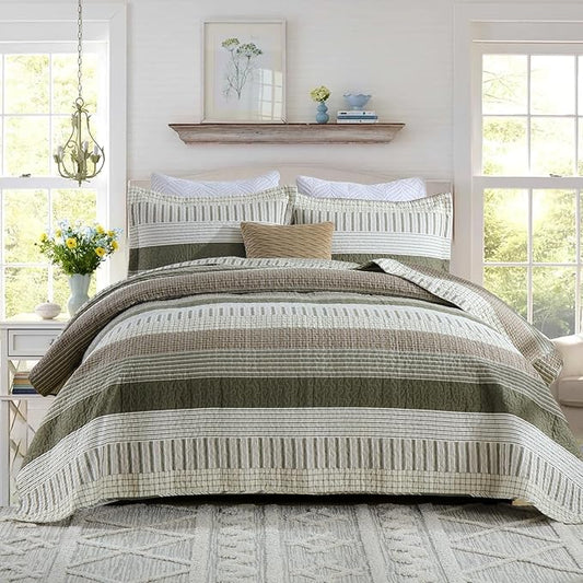PANGUSHAN 100% Cotton Quilt Set King Size, Patchwork King Quilt Bedding Set Bedspreads, Farmhouse Lightweight Comforter Reversible Quilt, King Bed Spread for All Season, Green/Brown/Cream