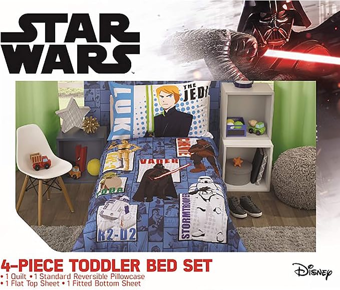 Disney Star Wars Galaxies Await 4 Piece Toddler Bedding Set Fitted Sheet, Pillow Case, Top Sheet, and Comforter Quilt - Blue