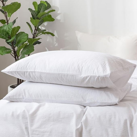 MooMee Bedding Pillowcases Pack of 2 100% Washed Cotton Linen Like Textured Breathable Durable Soft Comfy (Solid Bright White, Queen)