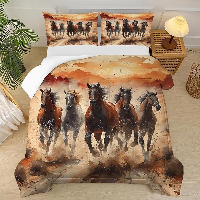 Galloping Horse Comforter Set King: Horse Bedding for Women Girls Boys Teens Bedroom Bed Dorm Western Quilt 1 Comforter + 2 Pillow Cases