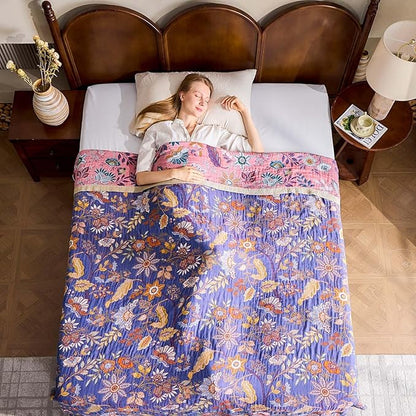 Boho Blanket, 100% Cotton Farmhouse Decorative Throw Blanket, 80"x90" Reversible Bohemian Throw Blanket, Purple All Season Muslin Breathable Woven Blankets Quilt