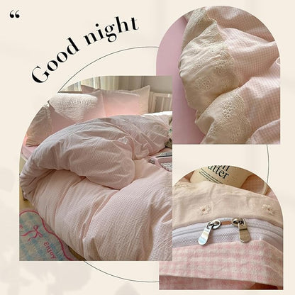 HighBuy Queen Comforter Set Pink Grid Gingham Comforter Set,Vintage Style Plaid Checkered Pattern Comforter Set with Lace Ruffle for Women Girls,Farmhouse Grid Fluffy Plaid Bedding Comforter