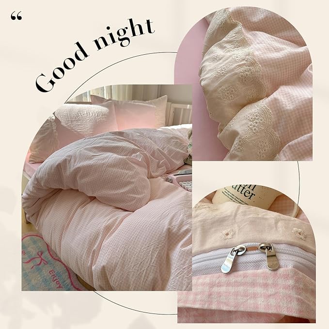 HighBuy Pink Gingham Comforter Set Twin XL,Vintage Boho Pink Grid Gingham Comforter with 2 Pillowcases,Farmhouse Plaid Bedding Set Fluffy Checkered 3 Pieces with Lace Ruffle,All Seasons