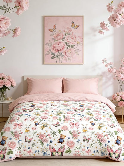 Pink Botanical Comforter Set King for Girls, 5Pcs Bow Butterfly Bedding for Kids Kawaii Bedroom Decor, Cute Priness Girly Rabbit Bear Comforter Set with 2 Pillowcases, 90"x90"