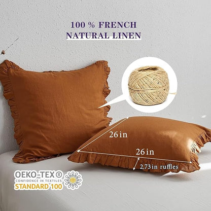 Simple&Opulence 100% Linen Euro Sham Covers with Ruffle, 26x26 Inch Pillow Covers Set of 2, Euro Pillow Shams for Bed Couch French Home Decor Luxury and Breathable Square Pillow Cases, Rust