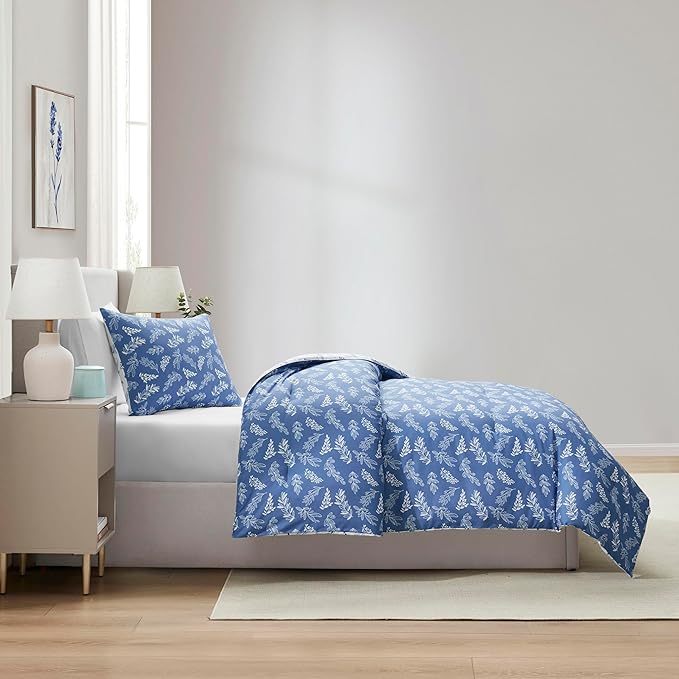 Nestl Twin/Twin XL Comforter Set - Slate Blue Bed in a Bag Twin, 2 Pieces Reversible Bed Set, Soft Floral Bedding Set for College Dorm, All Season Botanical Comforters with Pillow Sham