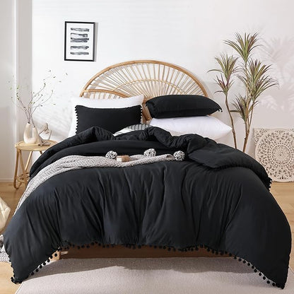YIRDDEO Queen Comforter Set - Comforter Queen Size Sets with Ball Pom Fringe, Soft Bedding Set for All Seasons - 3 Pieces, 1 Comforter (90"x90") & 2 Pillow Shams (20"x26"), Black