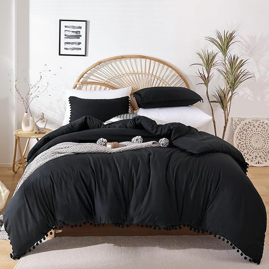 YIRDDEO Queen Comforter Set - Comforter Queen Size Sets with Ball Pom Fringe, Soft Bedding Set for All Seasons - 3 Pieces, 1 Comforter (90"x90") & 2 Pillow Shams (20"x26"), Black