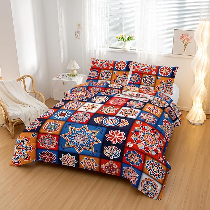 Modern Bohemia Comforter Sets King Size,Square Montage Pattern Bedding Set for Your Room,Abstract Soft Lightweight Quilted Set All Season 1 Comforter and 2 Pillowcases