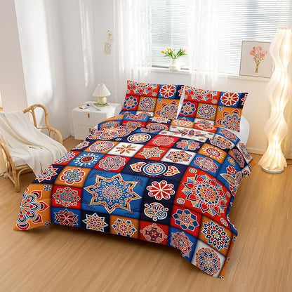 Modern Bohemia Comforter Sets King Size,Square Montage Pattern Bedding Set for Your Room,Abstract Soft Lightweight Quilted Set All Season 1 Comforter and 2 Pillowcases