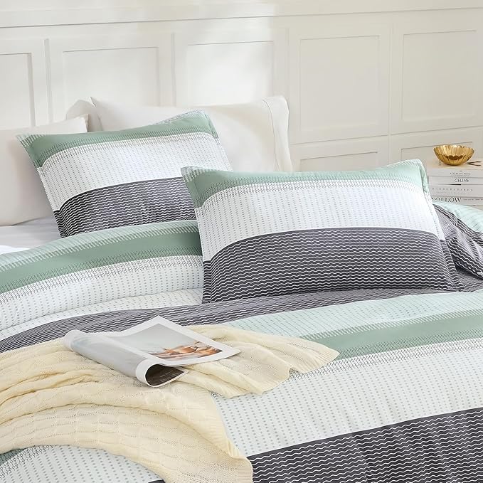 Litanika Queen Comforter Set Sage Green - 3 Pieces Lightweight Quilt Bedding Comforter Sets, Light Green White Colorblock Stripe Fluffy Bed Set, All Season Down Alternative