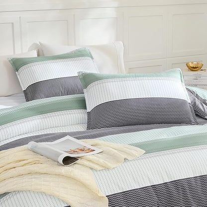 Litanika Queen Comforter Set Sage Green - 3 Pieces Lightweight Quilt Bedding Comforter Sets, Light Green White Colorblock Stripe Fluffy Bed Set, All Season Down Alternative