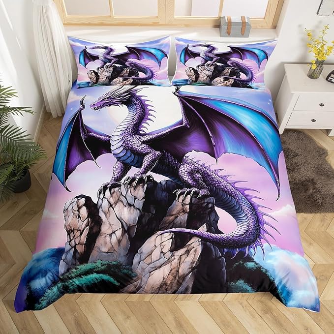 Feelyou Dragon Bedding Duvet Cover Set Twin Size 3D Dragon Theme Bedding Set Decor Ancient Wildlife Dragon Deep Animal Magical World Scale Comforter Cover Set Purple Bedspread Cover,No Comforter