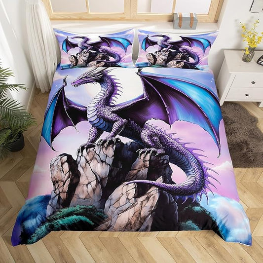 Feelyou Dragon Bedding Duvet Cover Set Queen Size 3D Dragon Theme Bedding Set Decor Ancient Wildlife Dragon Deep Animal Magical World Scale Comforter Cover Set Purple Bedspread Cover,No Comforter