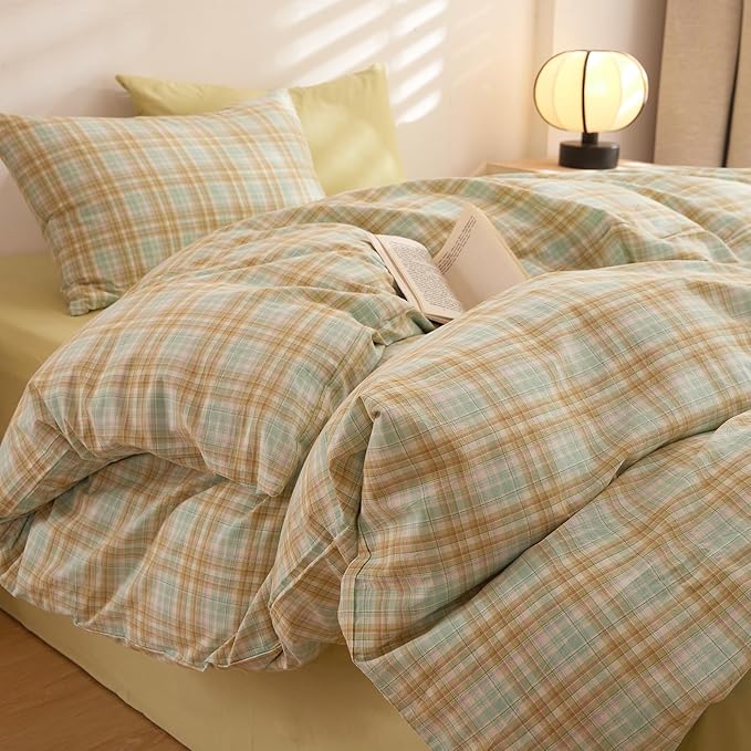 Plaid Comforter Queen Size Down Alternative Boho Bedding Set Washed Cotton Breathable Fluffy Comfy Bedding Comforter Sets Soft Cozy Farmhouse Patterned Bed Comforter with 2 Pillowcases