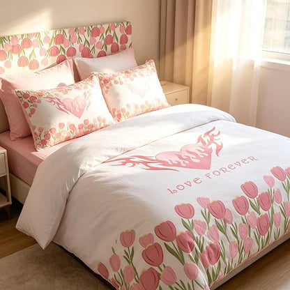 Girls Pink Floral Comforter Set Queen Size, Pink Tulip Soft Microfiber Bedding Set with Love Heart Pattern, 3Pieces All Season Lightweight Summer Comforter Set for Girls