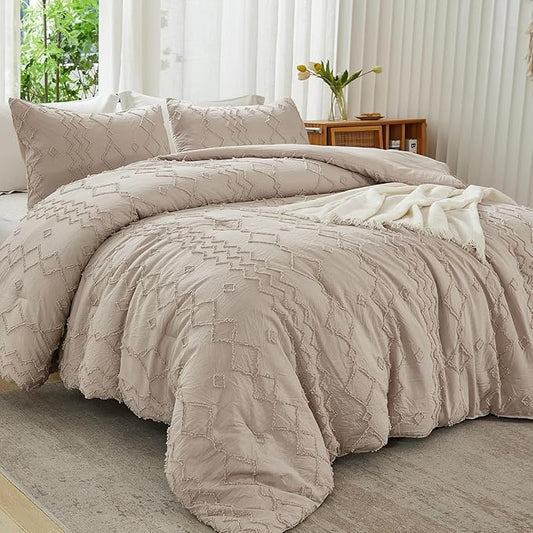 Andency Khaki Tufted Comforter Set Full(79x90Inch), 3 Pieces(1 Tufts Comforter, 2 Pillowcases) Boho Textured Farmhouse Bed, Microfiber Down Alternative Geometric Tan Bedding Set