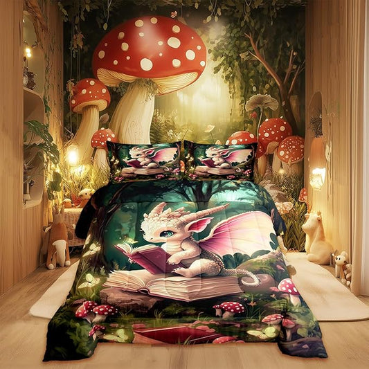 Magical Dragon Wildlife Comforter Set Queen Size Childlike Fairy Tale Bedding Set Kids Bedroom Decor Cute Jungle Mushroom All Season Quilt Set Sparkling Butterfly Bedding Comforter Sets,3Pcs