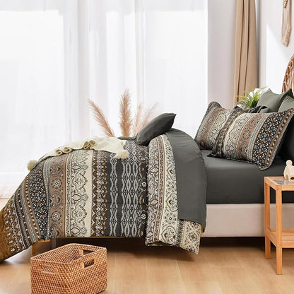 Cottolester Boho Comforter Set California King Size 8 Pieces,Brown Black Bohemian Comforter Paisley Striped Bed in A Bag,Soft Microfiber Bedding Set for All Season
