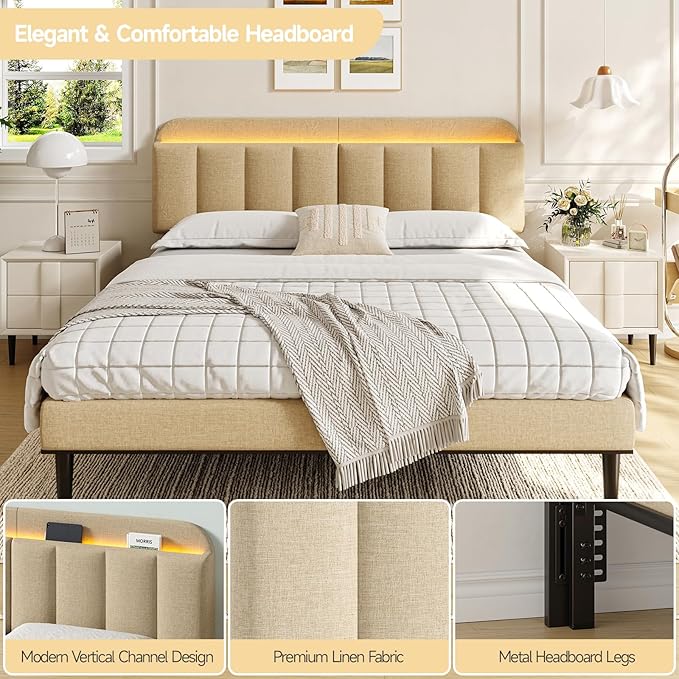 Adjustable Headboard for King/California King Size Bed Frame, Linen Fabric Bed Headboard with Storage & RGB LED Light in Modern Vertical Channel Design, Beige