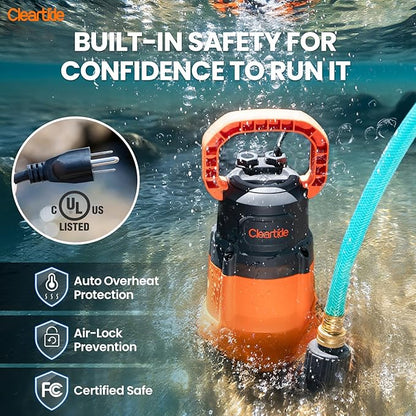 Submersible Utility Water Pump, 2160 GPH Portable Sump Pump with Copper Motor, Plug and Work for Pond, Garden Watering, Pool Transfer, or Hot Tub Emptying