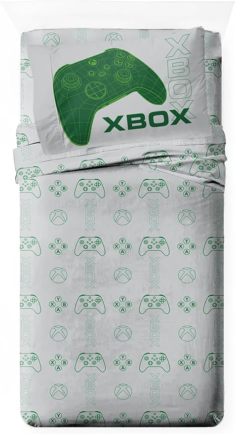 Jay Franco Kids Sheet Cartoon Set with Fitted, Flat Sheets & Pillow Cover - Ultra-Soft Bedding with Pillowcase for Room Decor, White - Xbox, 3 Piece Twin