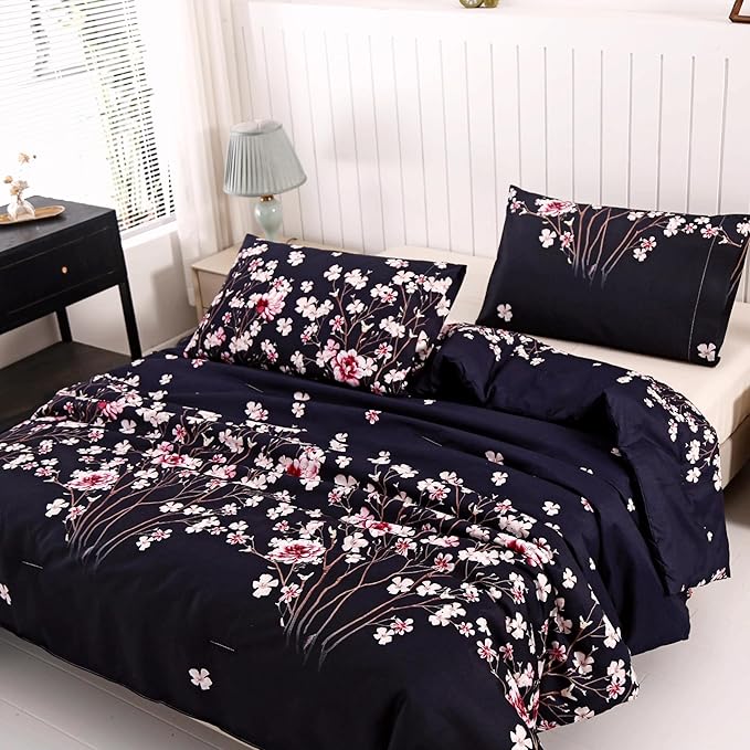 SDIII Navy Blue Floral Comforter Set Queen 3 Pieces, Soft Microfiber Lightweight Floral Queen Comforter Set, Vintage Bedding for All Season