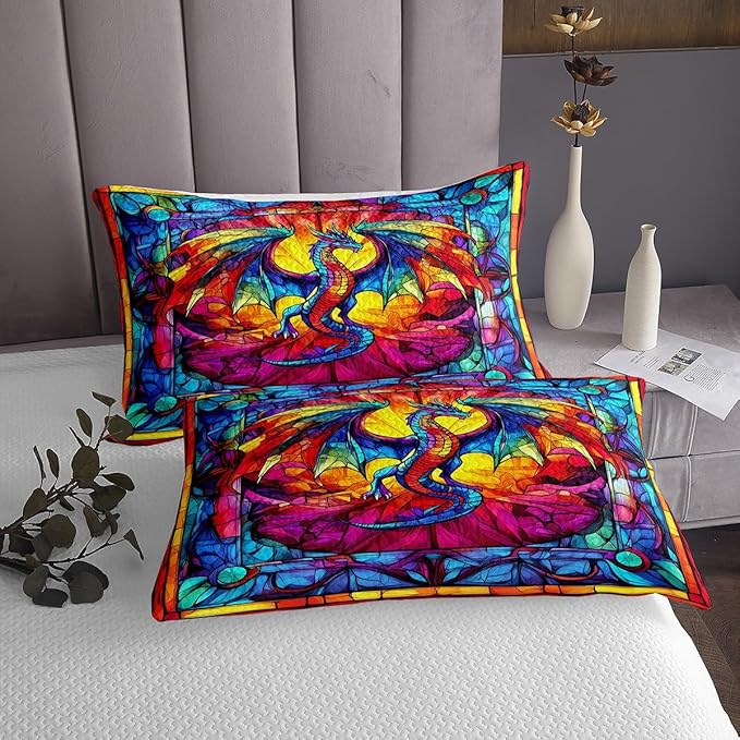 Flying Dragon Kids Bedspread Twin Size,Western Wing Dragon Gothic Halloween Coverlet Set,Boys Girls Room Decor,Geometric Abstract Modern Quilted Coverlet,Rainbow Retro Bedding Quilt,1 Pillowcase