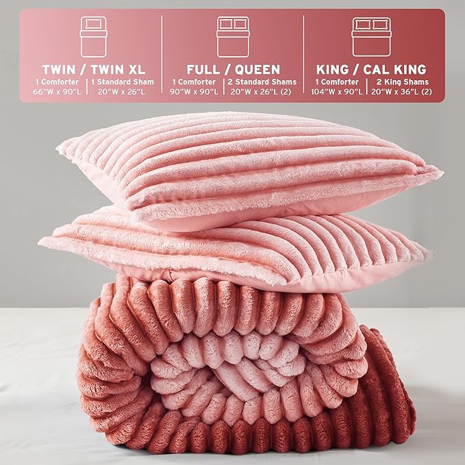Intelligent Design Twin Comforter Set, Plush Bedding, Microfiber Reverse, 2 Piece, Lightweight, Super Soft Ribbed Velvet Comforter 1 Sham, All Season Fluffy Bed Set, Avril, Twin/Twin XL Blush Ombre