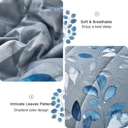 Anibedding Blue Comforter Set California King Size 7 Piece Navy Botanical Gradient Leaves Ultra Soft Lightweight Reversible Microfiber Bedding Comforter Set for All Season
