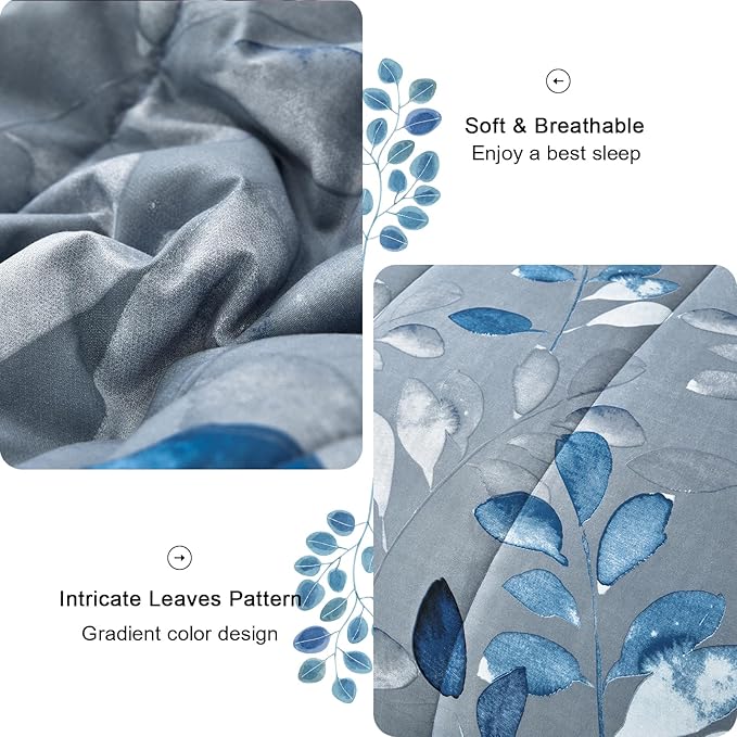Blue Comforter Set Full Size 7 Piece Botanical Leaves Gradient Bed in a Bag Ultra Soft Microfiber Down Alternative Bedding Set Lightweight Reversible Bed Comforter Set for All Season 78" x 90"